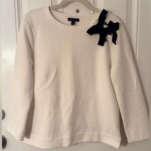 J. Crew Off-White Textured Top with Black Velvet Bow Accent
